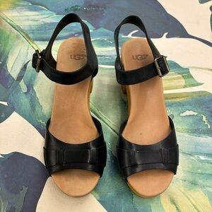 UGG Janie Leather Heeled Clog Sandals Black Size 7